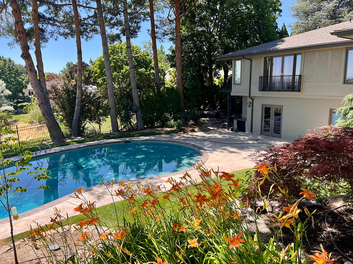 flowers around in-ground pool