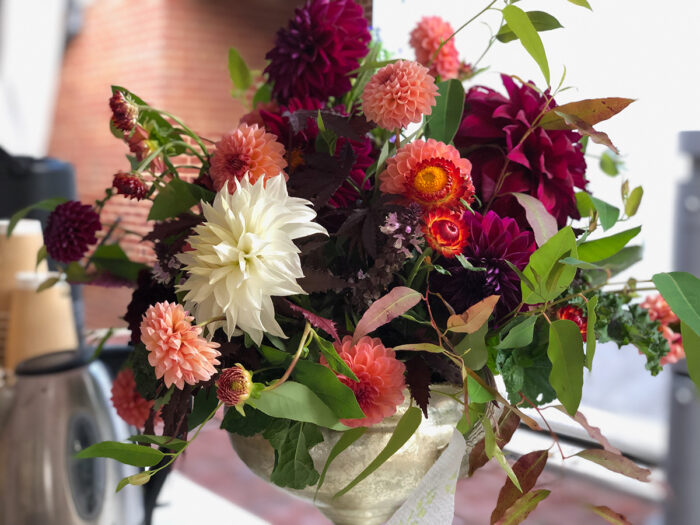 bouquet of pink and red dahlias