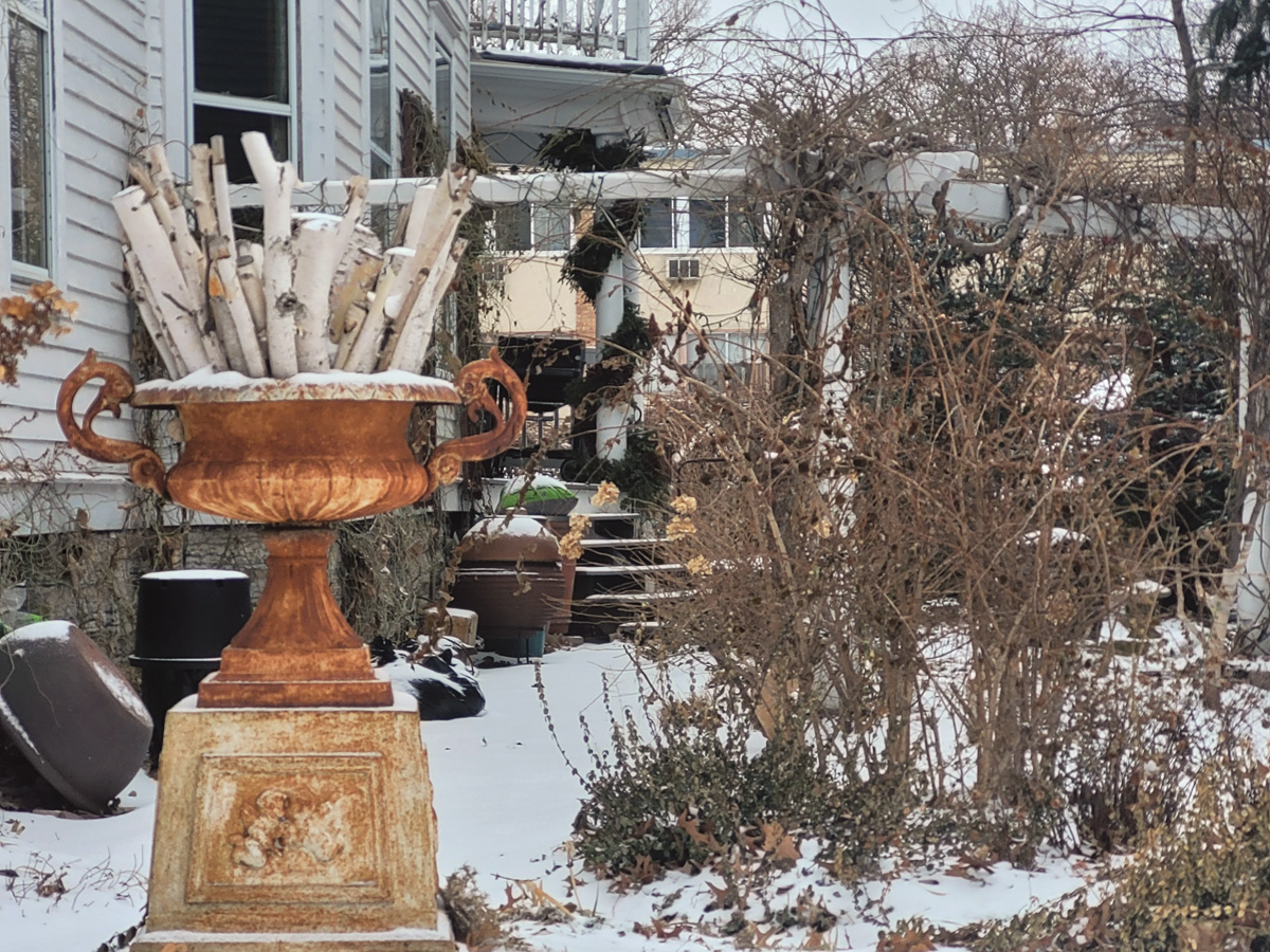 Birch logs in a copper planter outside in winter