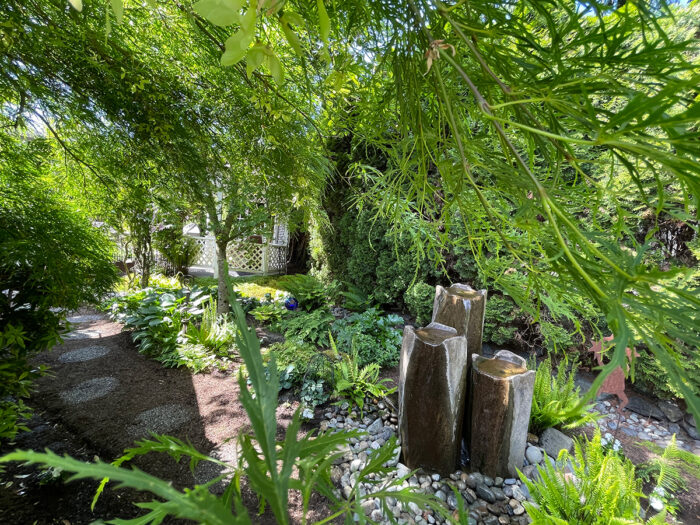 shady garden path with small fountain on one side