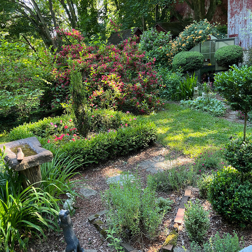 view from four square garden with topiary