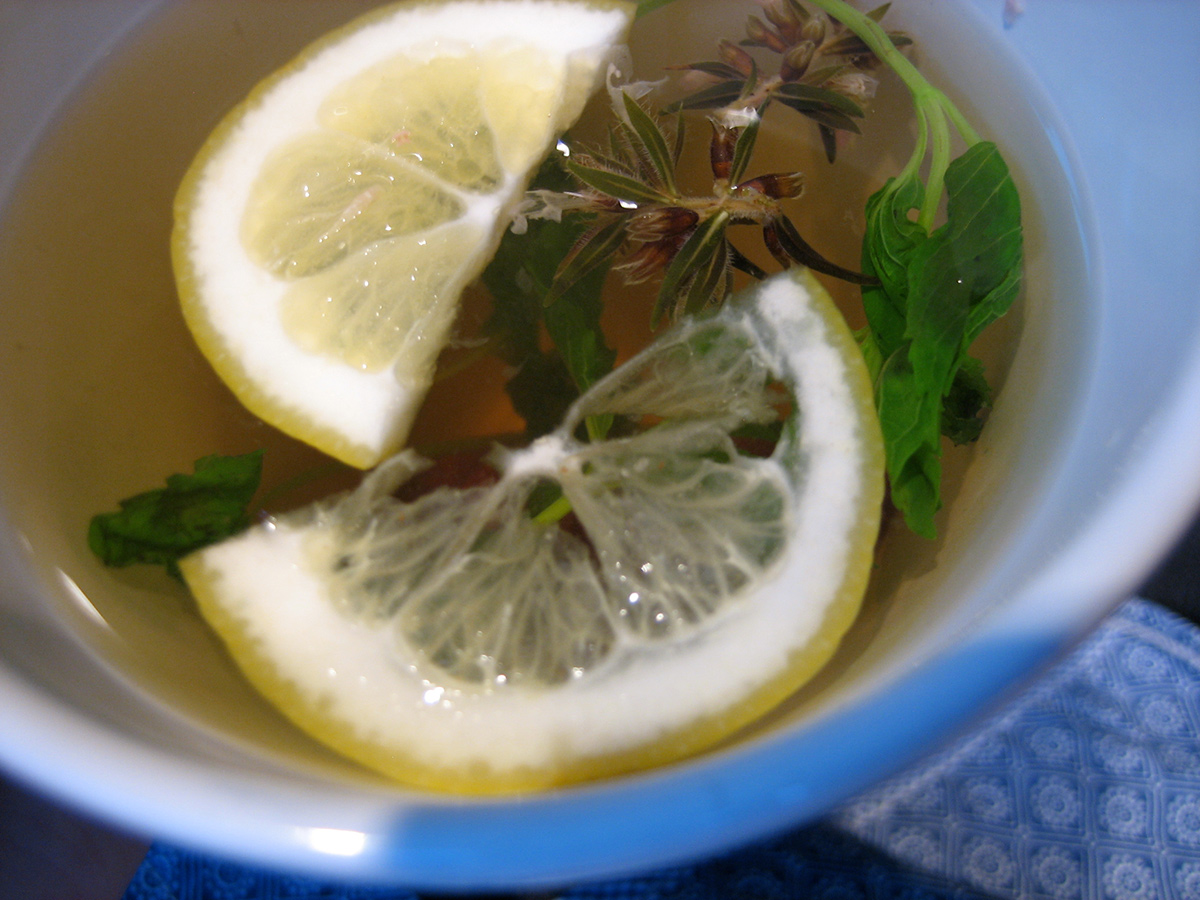 cup of tea with fresh leaves and lemon slices
