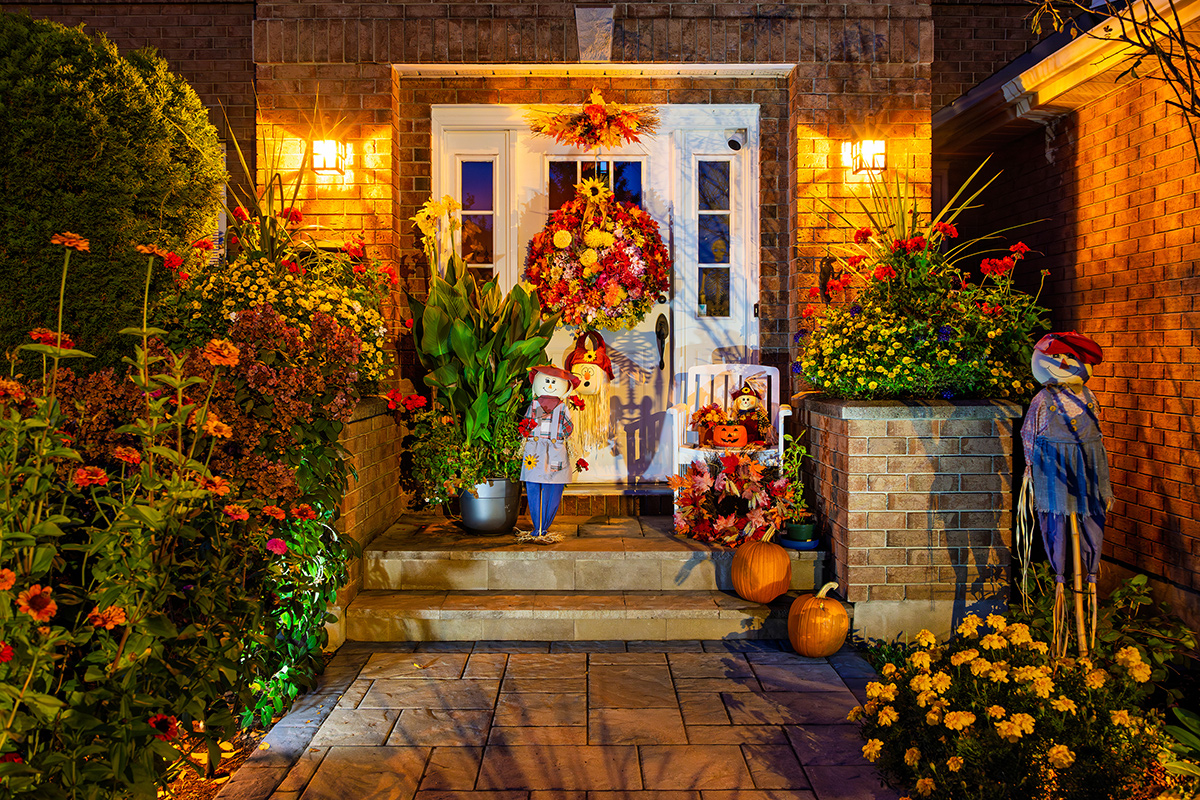 front entryway with fall decorations