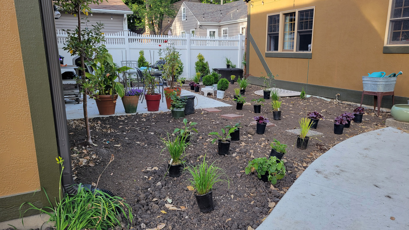 Nueva cama de jardín con plantas en macetas.