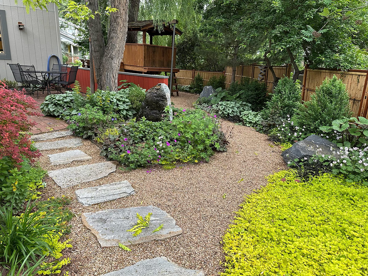 paths cutting through foliage plants in side garden