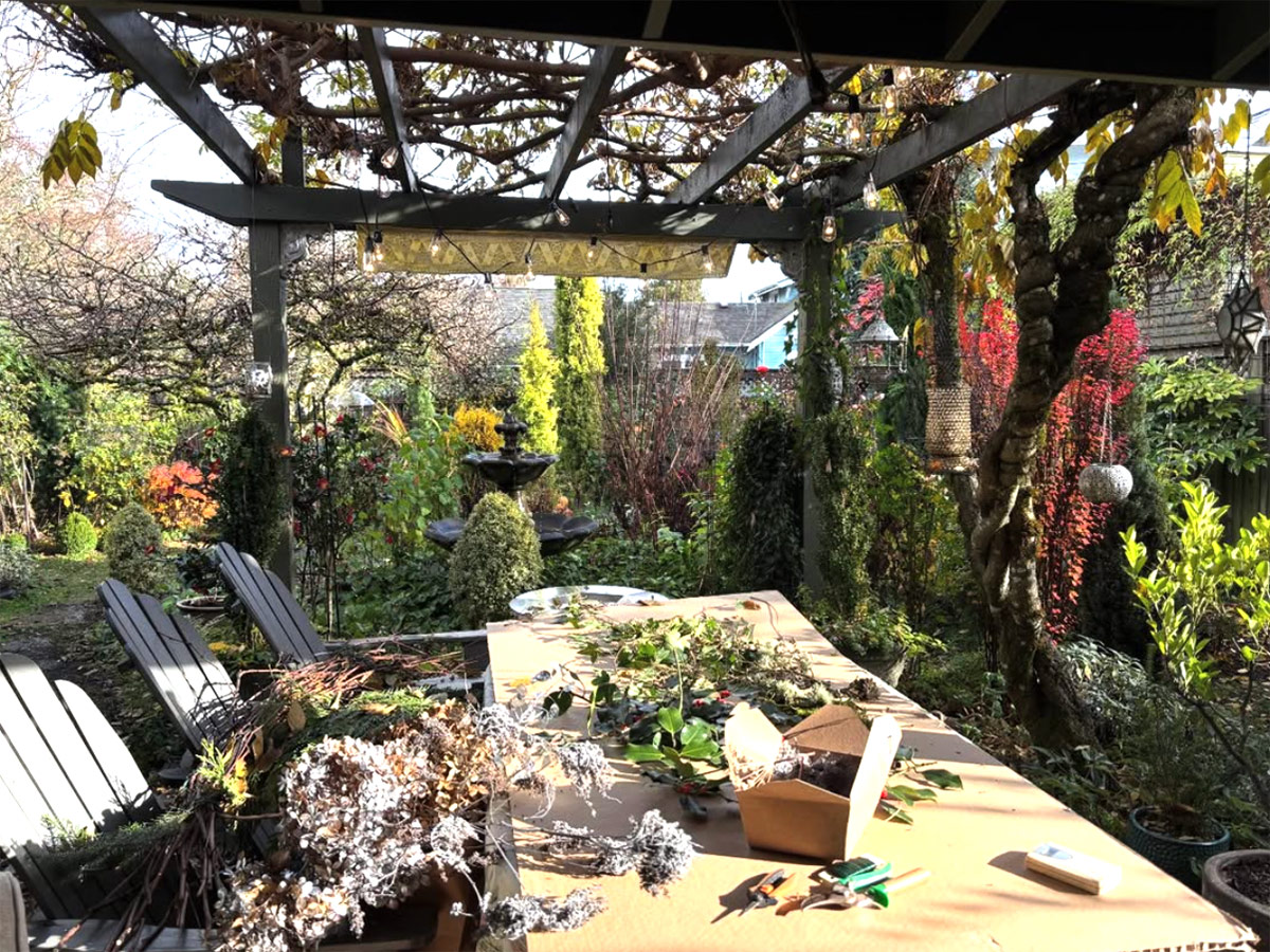 wreath making in garden