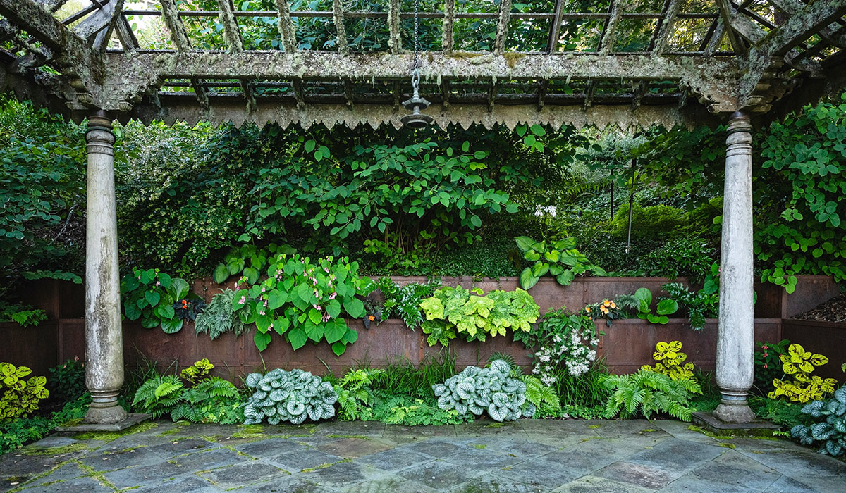 terraced garden beds behind pavillion