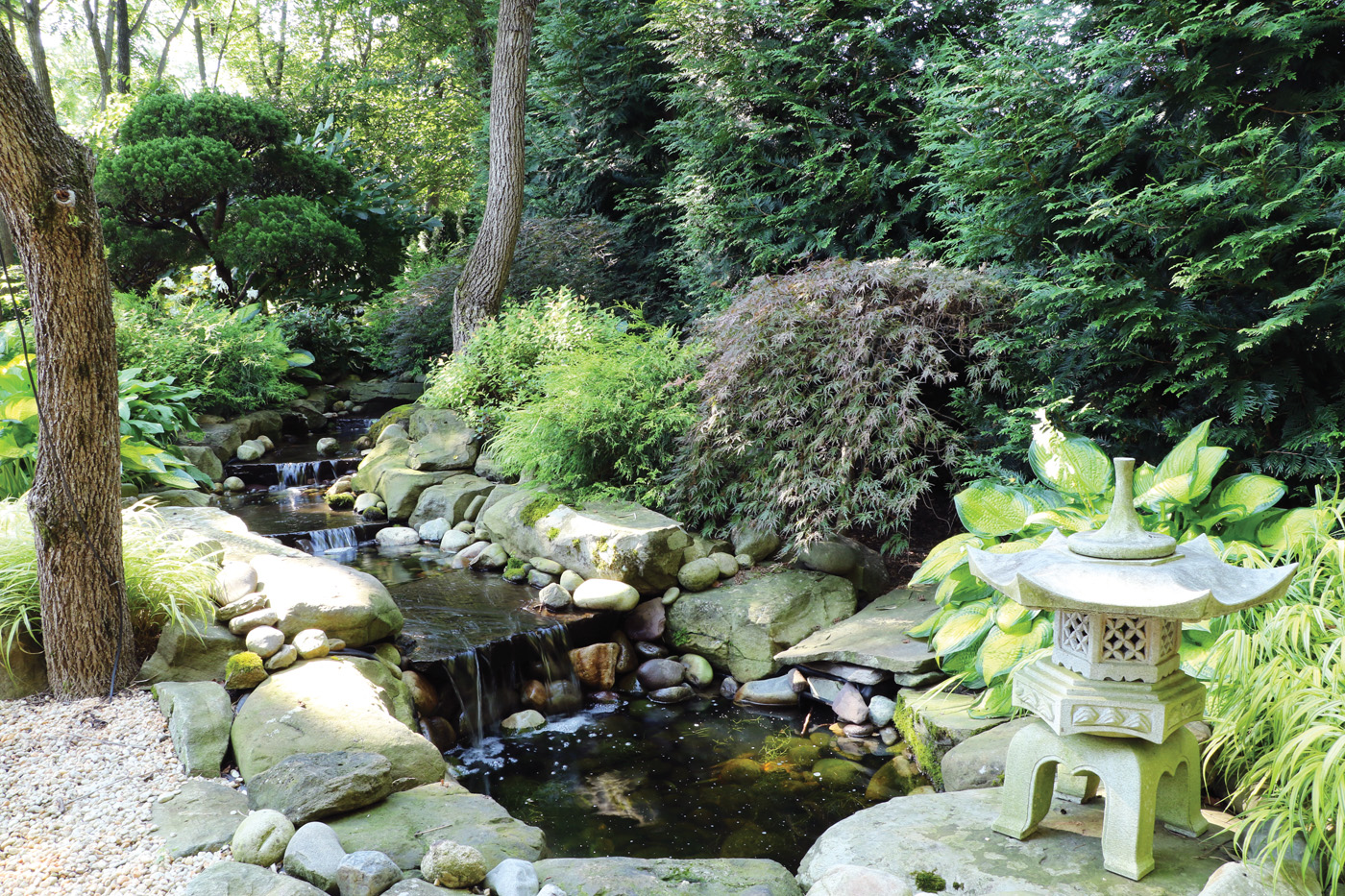 Stone waterfall Japanese style garden