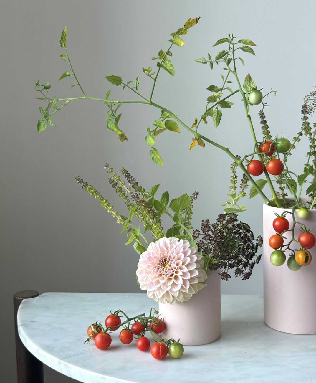 cherry tomato, dahlia