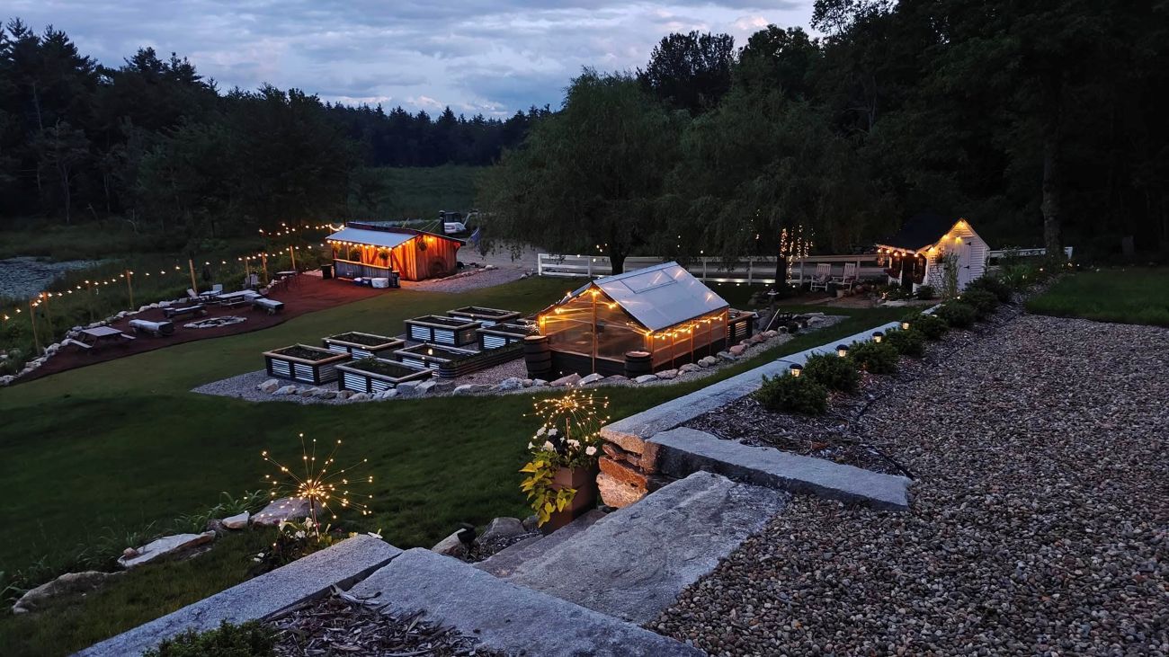 farmhouse garden, raised beds, greenhouse, vegetable garden