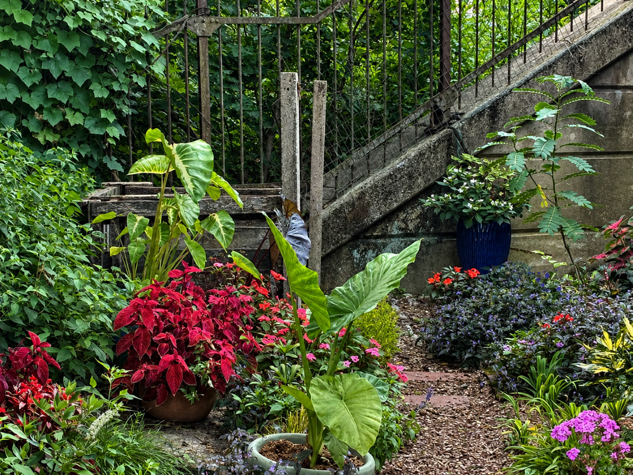 tropical garden, elephant ears, coleus, container plants, Philadelphia
