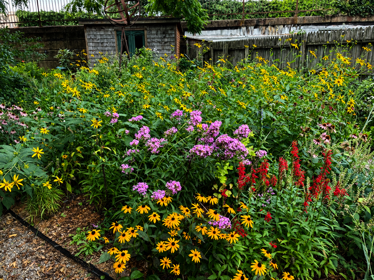 late-summer pollinator garden, cutleaf coneflower, Jeana phlox, cardinal flower