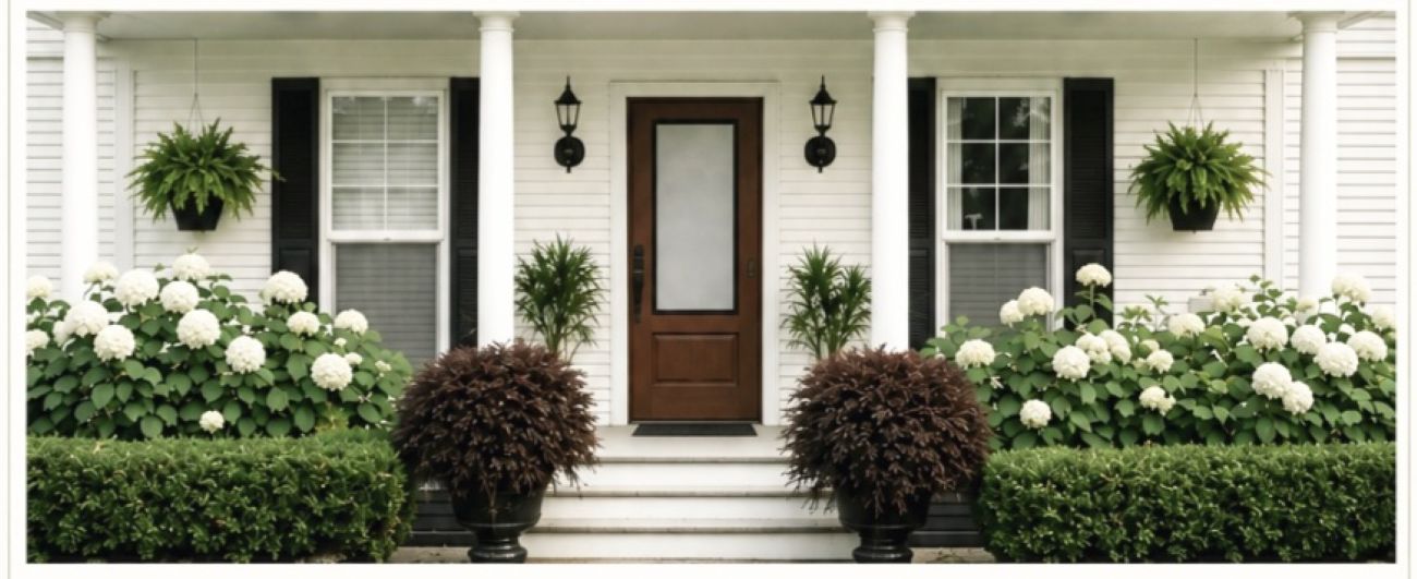 renovated white house, front porch, and white hydrangeas