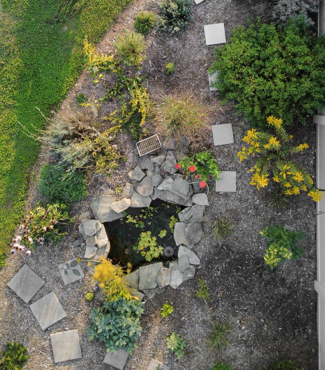 Aerial view of small stone-edged garden pond and surrounding landscape