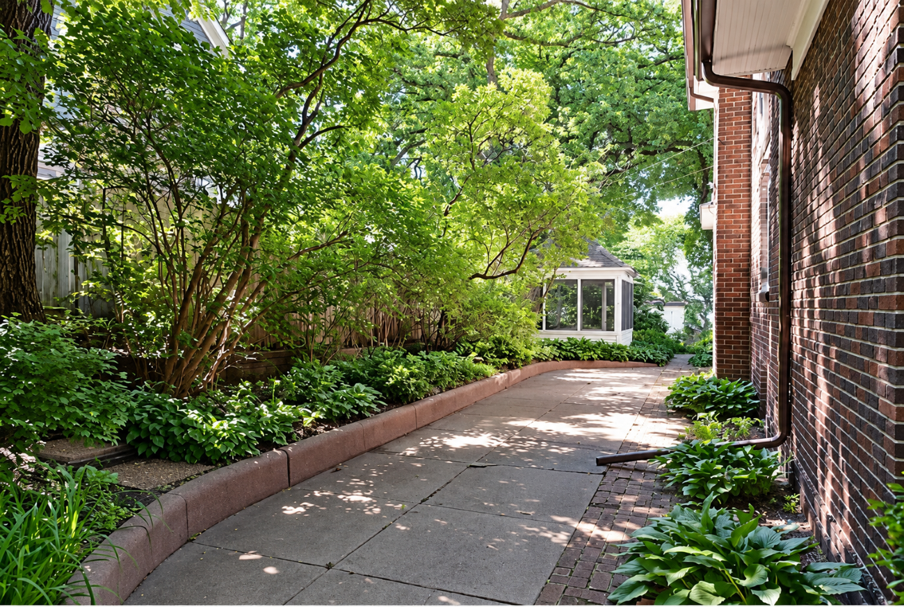 Narrow side-yard patio bordered by mature lilacs, hostas, and groundcover with a screened gazebo at the far end.