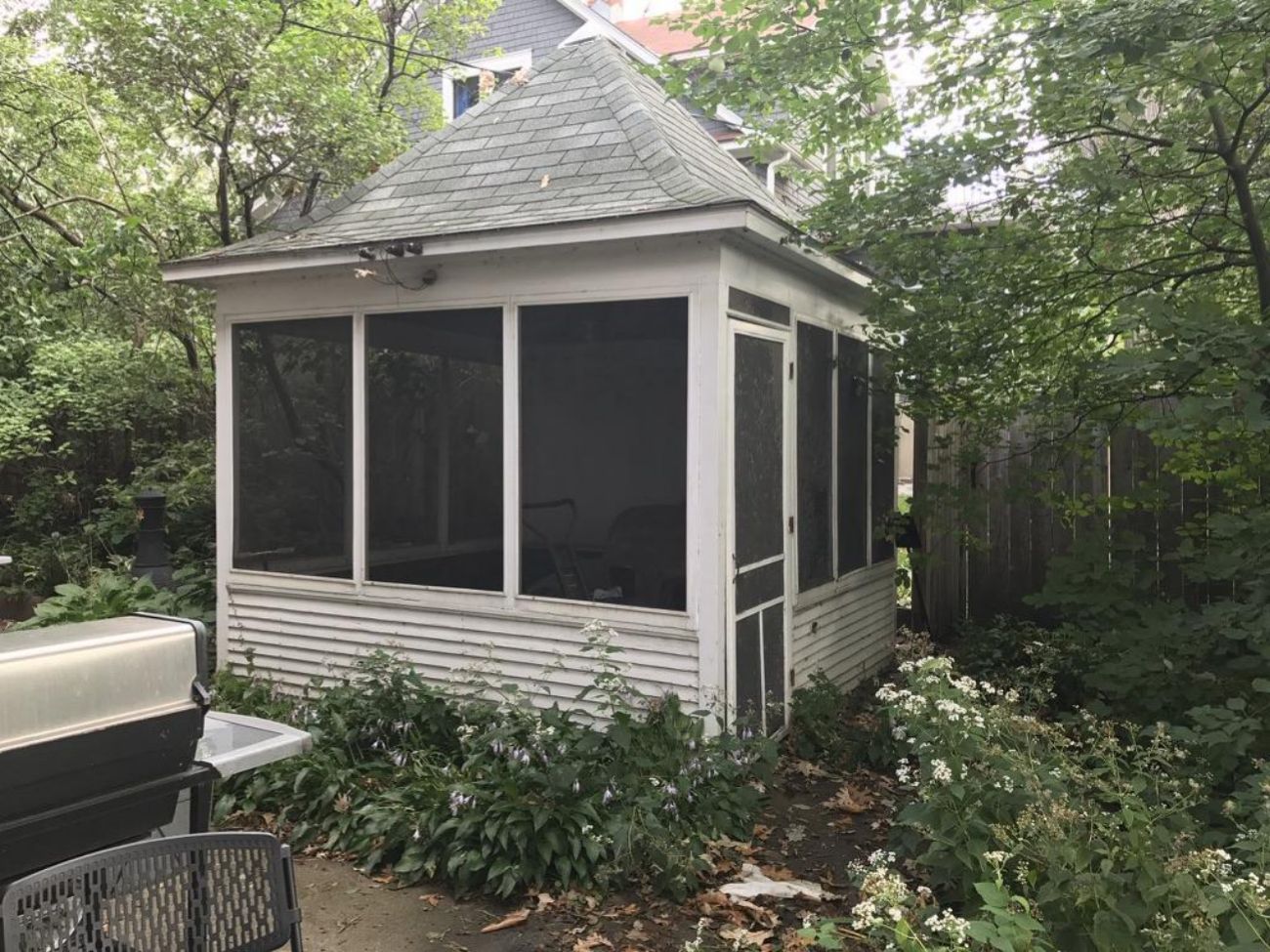White screened gazebo surrounded by hostas and other shade plants before renovation.