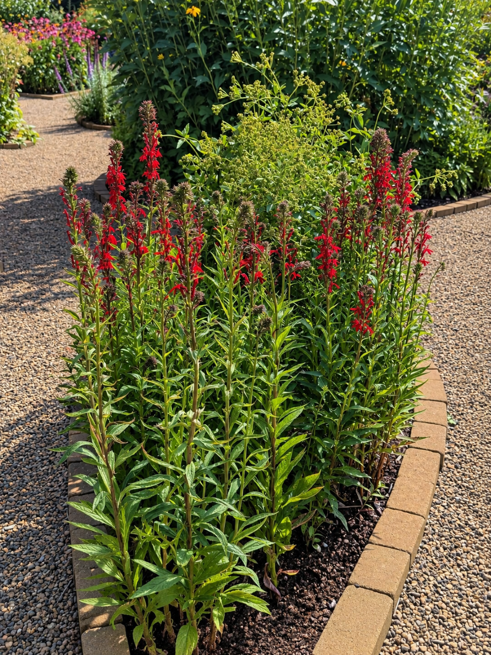 red cardinal flower, native perennial, green foliage, pollinator garden