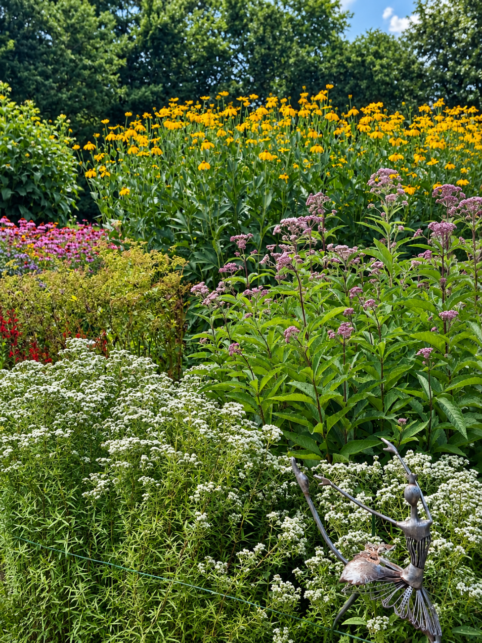 clustered mountain mint, Joe-Pye weed, great coneflower, layered native perennial garden