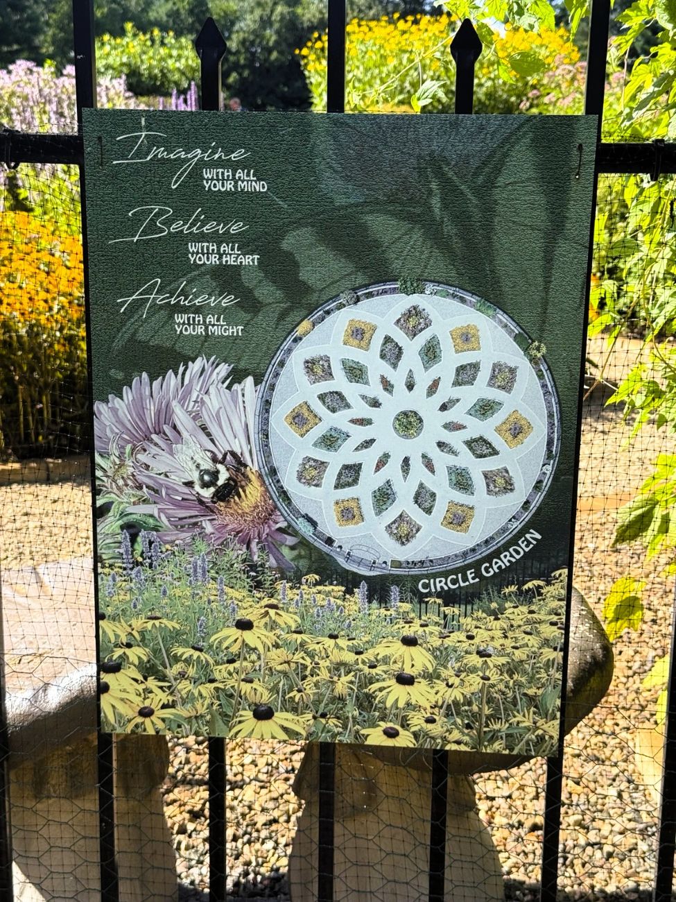 Circle Garden sign, 12-point geometric garden plan, native garden, black metal fence