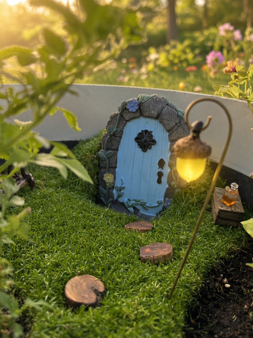 fairy garden in round metal planter, blue fairy door, moss, white flowers, flowering vines, miniature acorn lantern