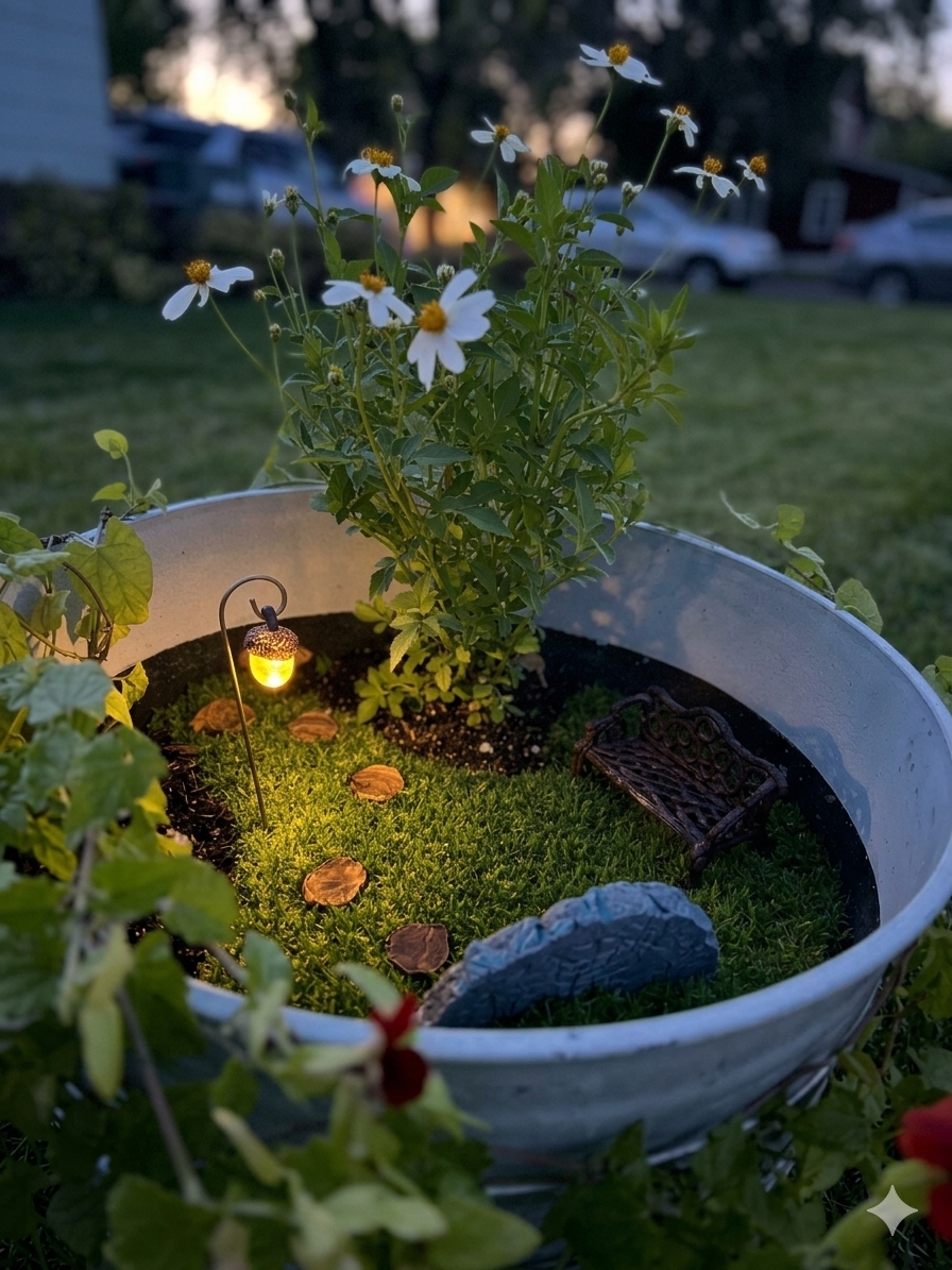 miniature fairy garden, white daisy, glowing acorn lantern, moss, fairy door, Juice Joint fairy speakeasy