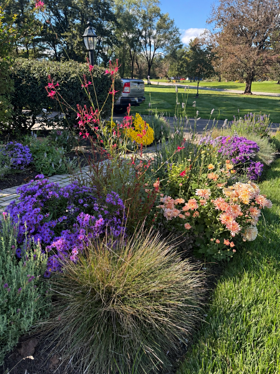 peach garden mums, purple asters, pink flowers, ornamental grasses, layered perennial planting, colorful fall border, Readington New Jersey garden