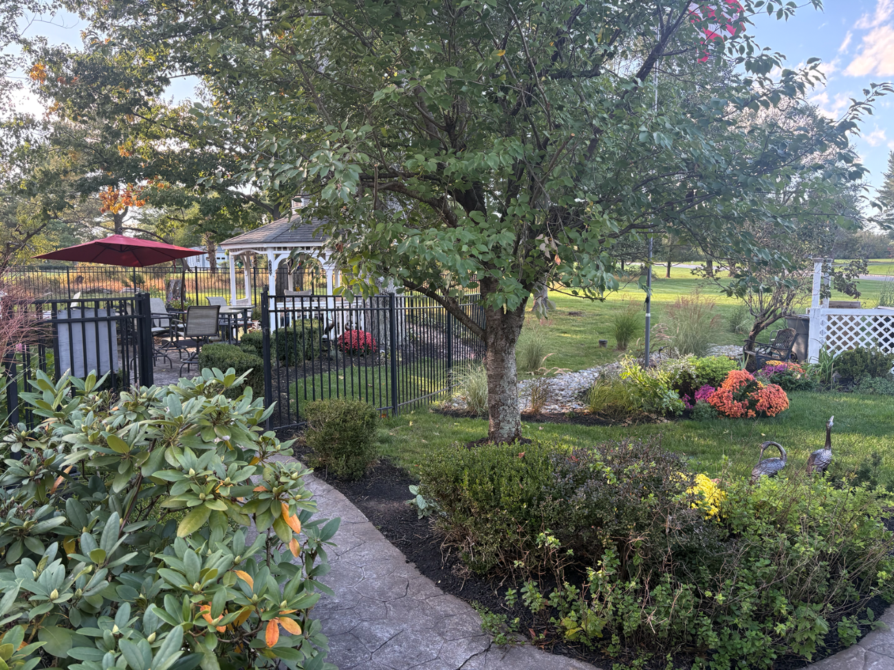 backyard perennial garden, gazebo, patio, ornamental grasses, flowering perennials, mature trees, Readington New Jersey garden
