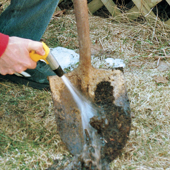 After every use, wash soil and grime from tools with a steady spray of water from the garden hose.